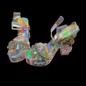 Women's NWB RARE Sugar Thrillz Stellar Rhinestone Hologram Platform Heels Sz 9